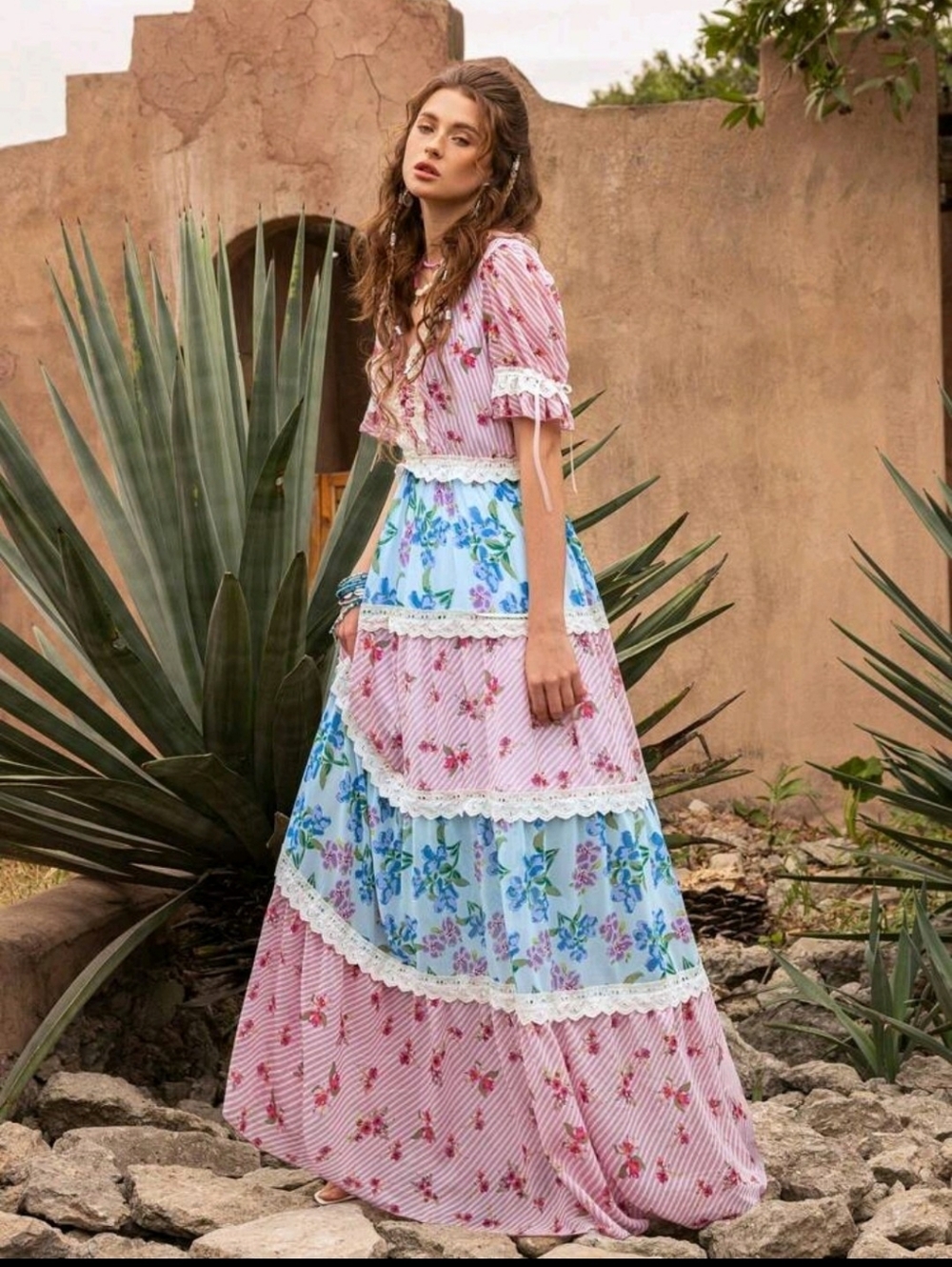 Floral Tiered Maxi Dress in Pink and Blue - Picture 10 of 16